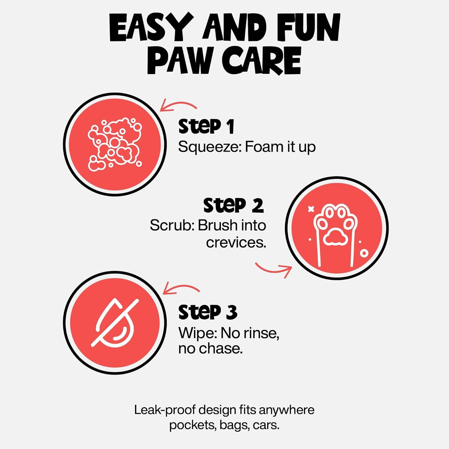 Roofus Foaming Paw Cleanser bottle showing built-in soft brush applicator for no-rinse dog paw cleaning.