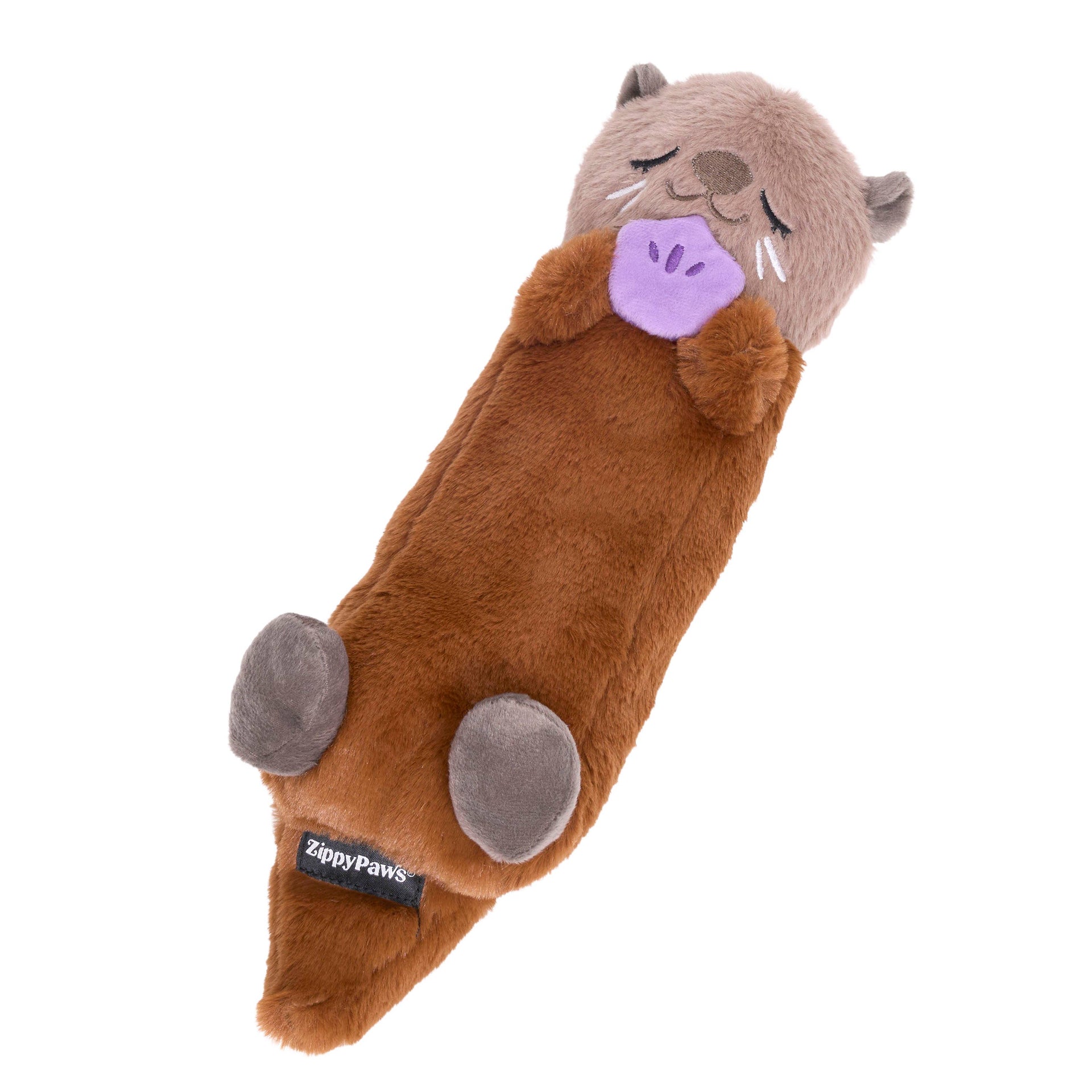 ZippyPaws Silent Squeak Otter plush dog toy shown in packaging displaying Shhhqueaker technology feature.