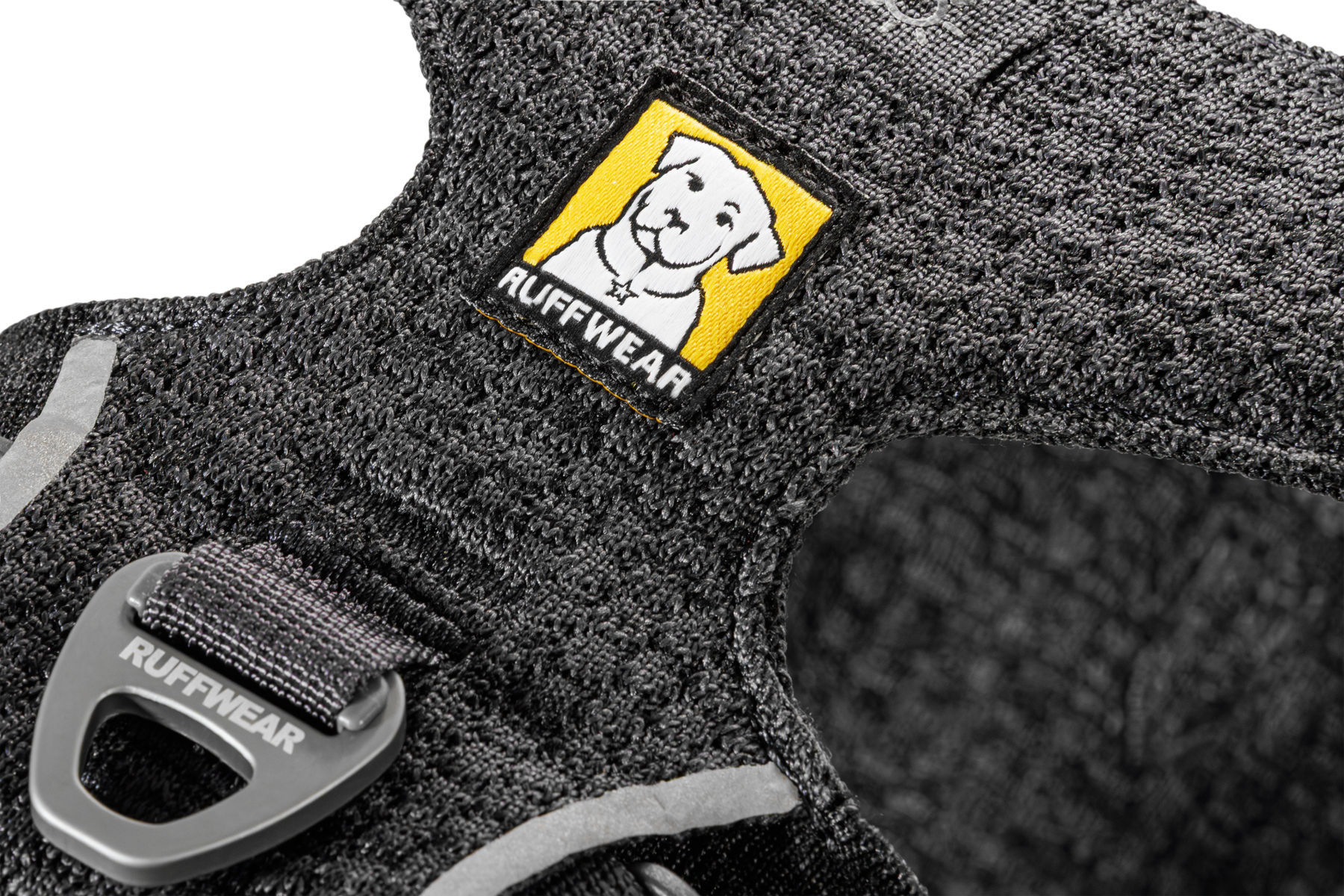 Ruffwear Front Range Flex Harness detail showing engineered knit construction and seamless stitching technology.