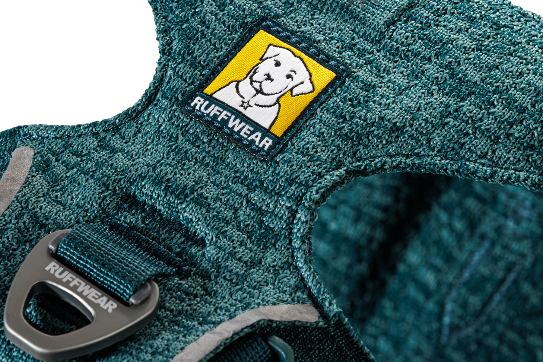 Ruffwear Front Range Flex Harness detail showing engineered knit construction and seamless stitching technology.