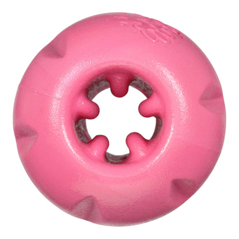 West Paw Qwizl dog puzzle toy in geranium red showing side vents and treat-holding design details.