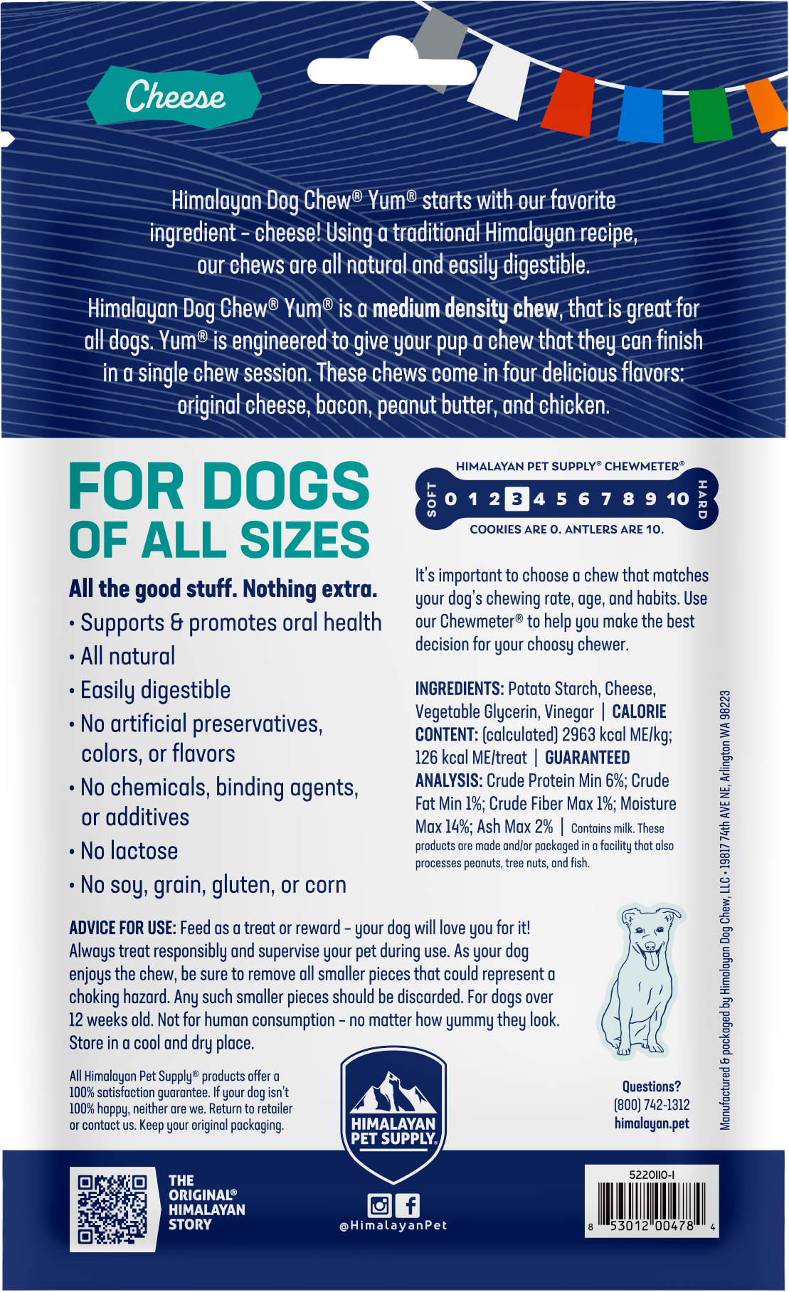 Himalayan Dog Chew Yaky Yum cheese treats shown in a lifestyle setting with a happy dog enjoying the snack.