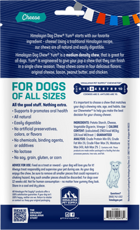 Himalayan Dog Chew Yaky Yum cheese treats shown in a lifestyle setting with a happy dog enjoying the snack.