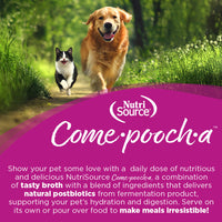NutriSource Come-Pooch-A Beef wet dog food shown in a lifestyle setting highlighting its premium ingredients.