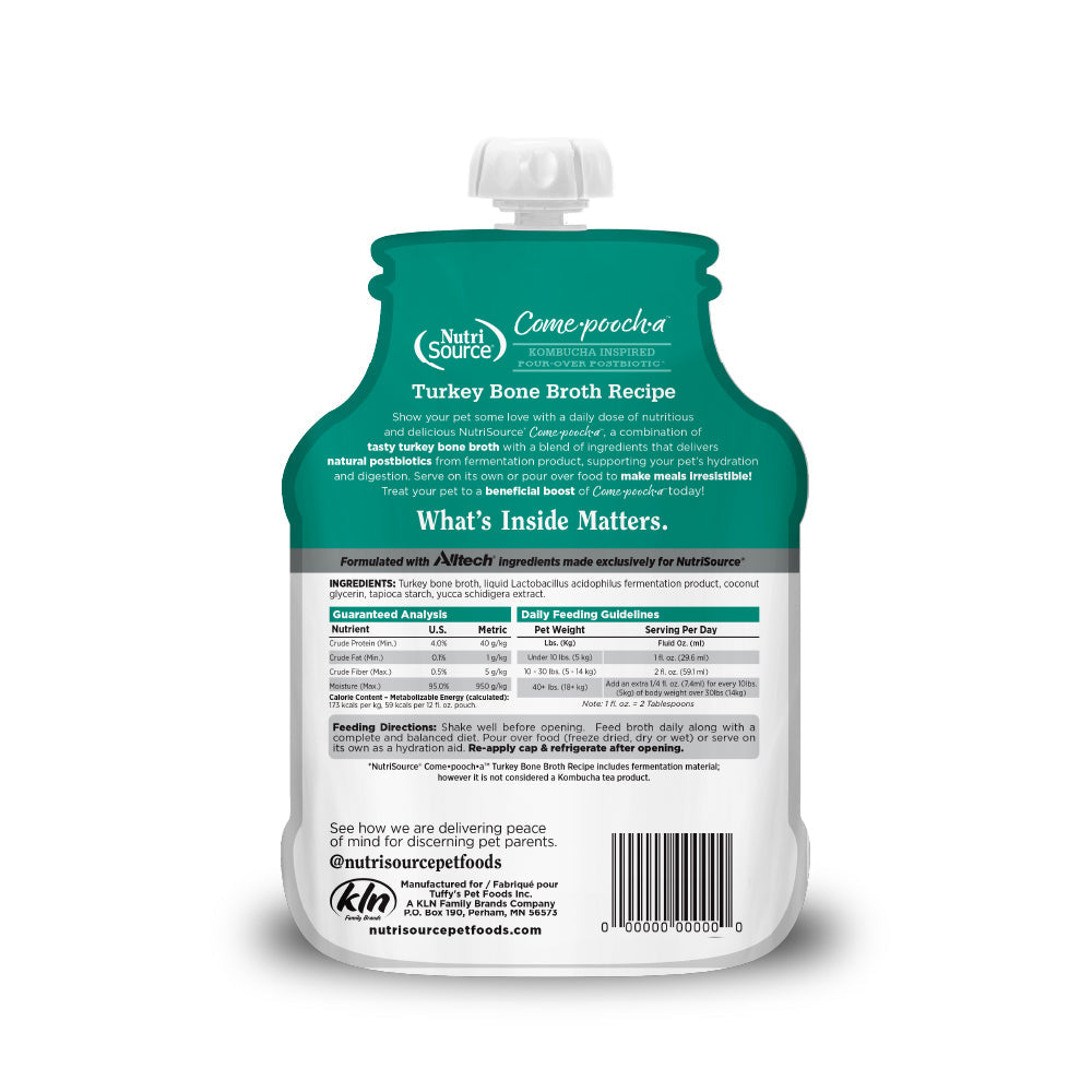NutriSource Come-Pooch-A Turkey wet dog food packaging showing a detail view of ingredients or nutritional information.
