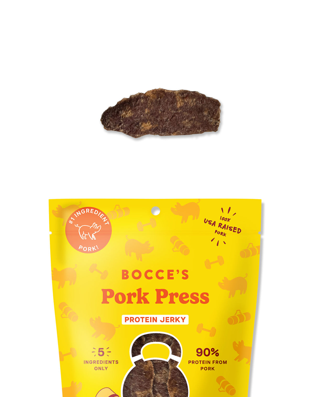 Bocce's Bakery Pork Jerky Cuts dog treats shown in a real-life setting highlighting their natural, chewy texture.