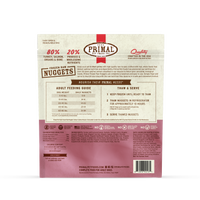 Primal Canine Frozen Raw Turkey & Salmon nuggets shown in a lifestyle setting with a happy dog nearby.