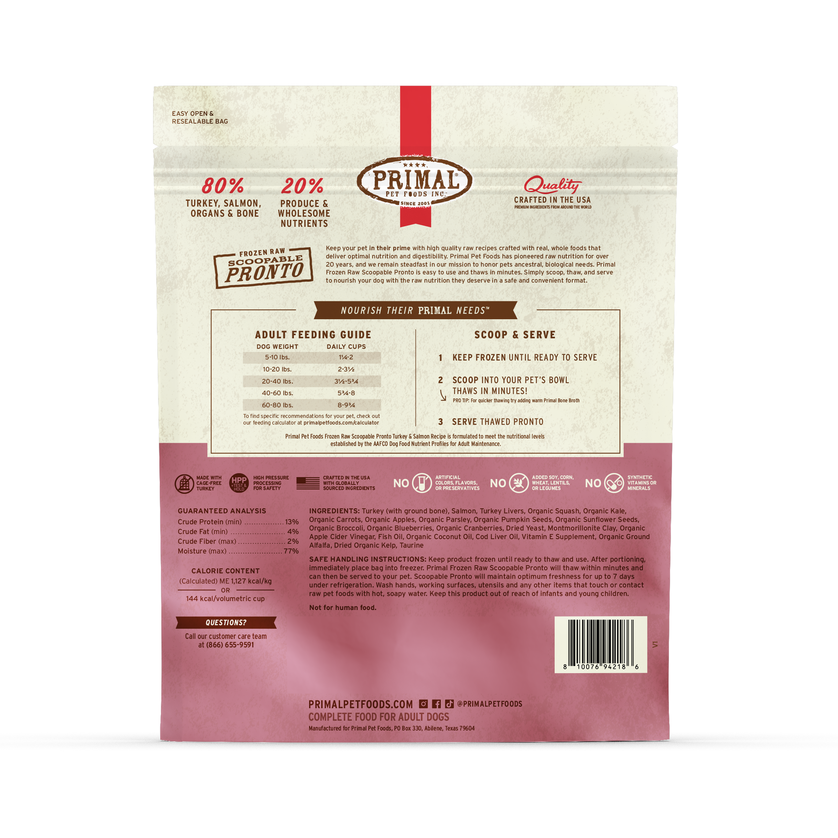 Close-up detail of Primal Pronto Turkey and Salmon raw dog food 4lb resealable bag.