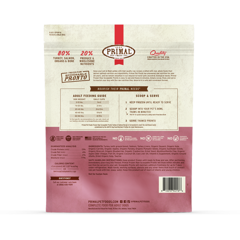 Close-up detail of Primal Pronto Turkey and Salmon raw dog food 4lb resealable bag.