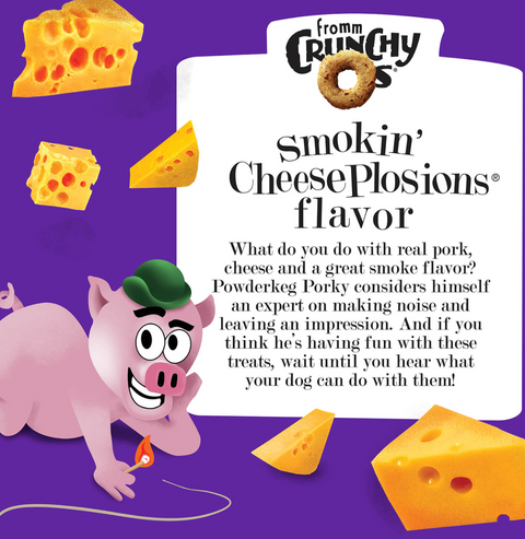 Fromm Crunchy O's Smokin CheesePlosions dog treats scattered on a surface showing their round, crunchy texture.