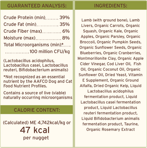 Primal Freeze-Dried Lamb Nuggets scattered on a feeding surface showing the product's natural texture and size.
