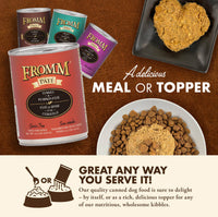 Fromm Turkey & Pumpkin pâté can showing nutritional information and ingredient list on back label.