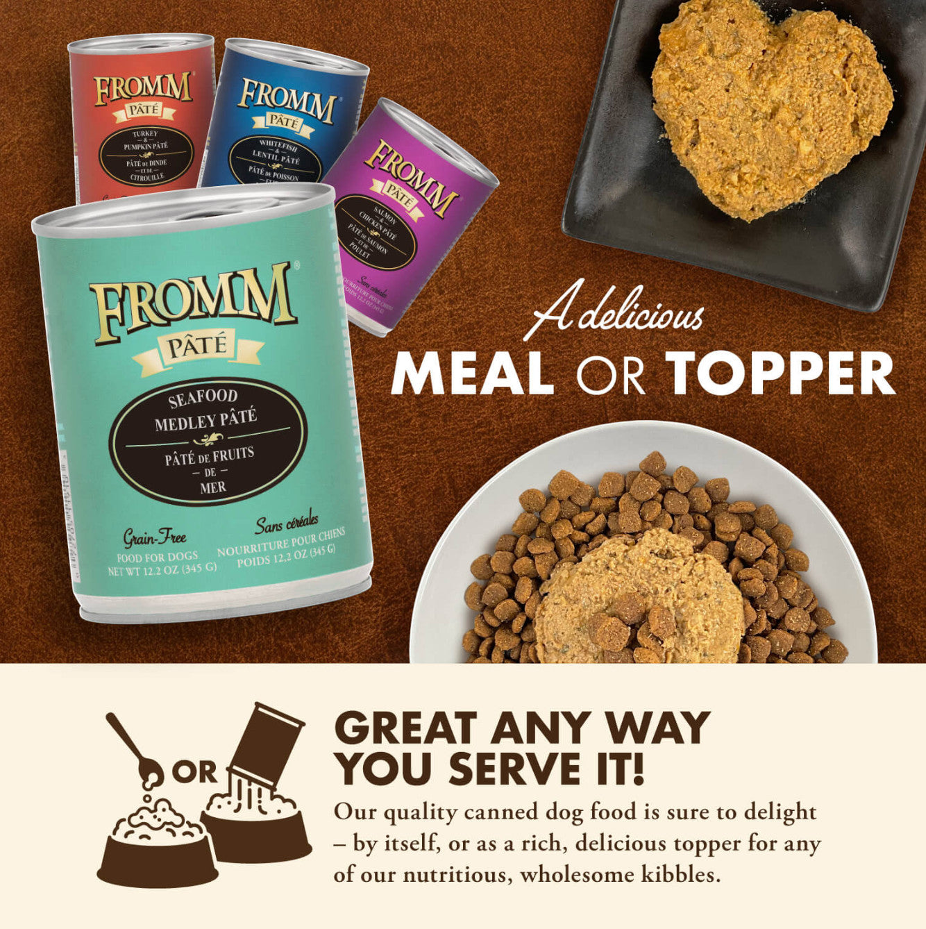 Fromm Seafood Medley Pâté 12oz can shown in lifestyle setting with feeding bowl or pet accessories.