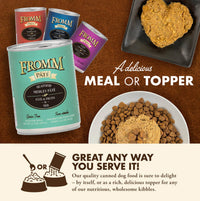 Fromm Seafood Medley Pâté 12oz can shown in lifestyle setting with feeding bowl or pet accessories.