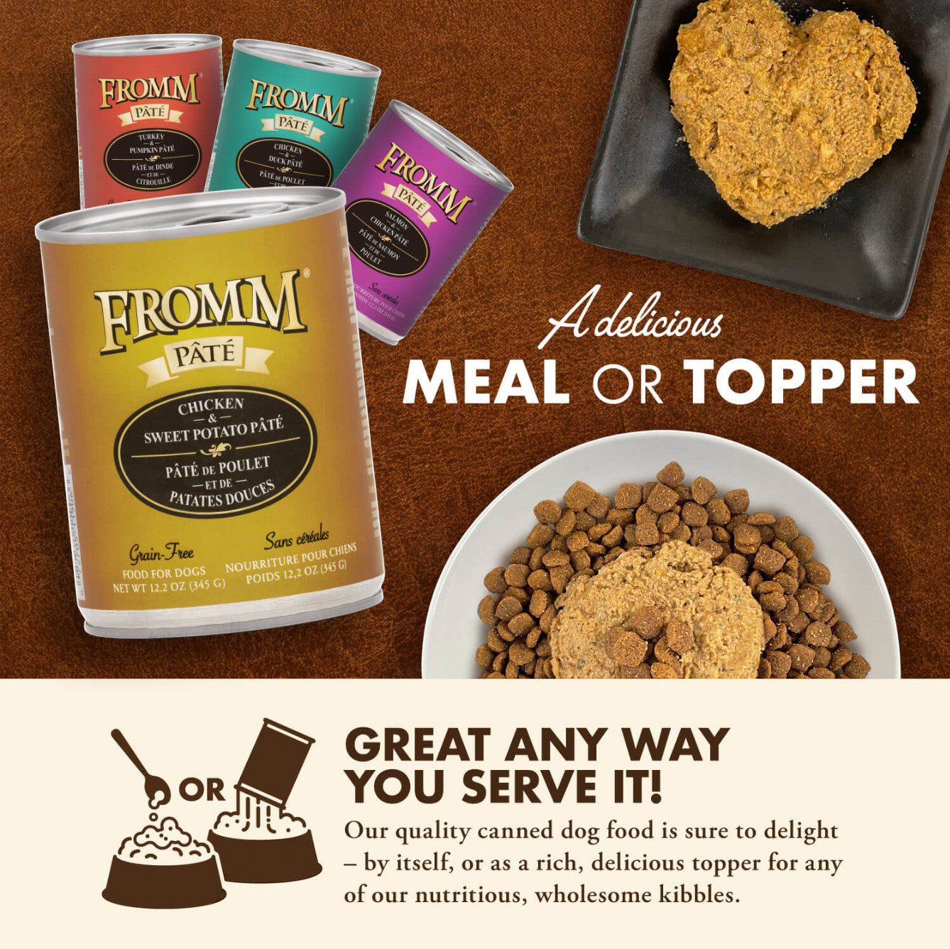 Fromm Chicken & Sweet Potato Pâté 12oz can showing ingredient list and nutritional information panel.