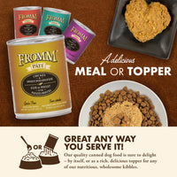 Fromm Chicken & Sweet Potato Pâté 12oz can showing ingredient list and nutritional information panel.