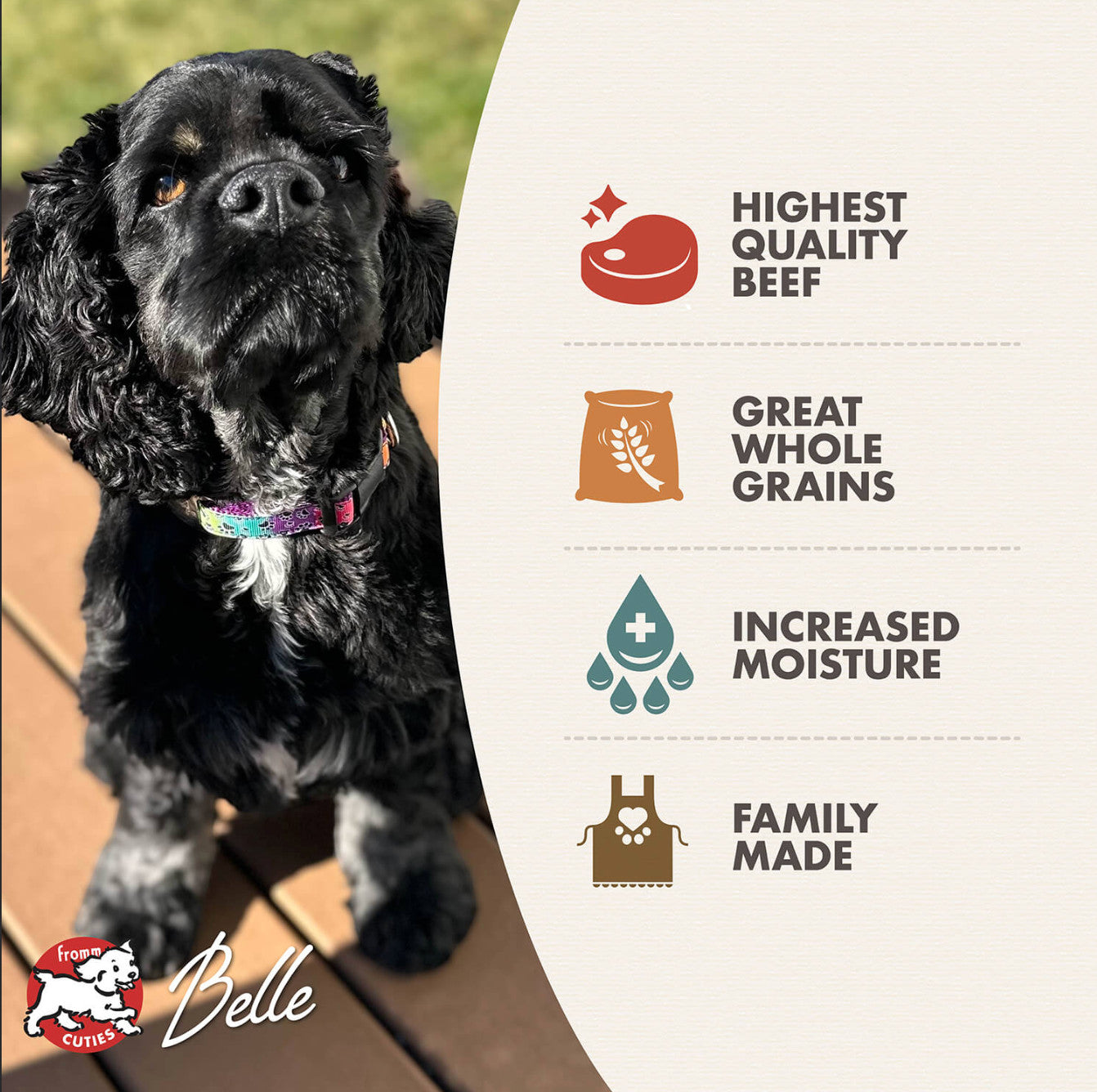 Fromm Beef & Barley Pâté wet dog food can shown from side angle displaying nutritional information panel.