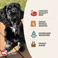 Fromm Beef & Barley Pâté wet dog food can shown from side angle displaying nutritional information panel.
