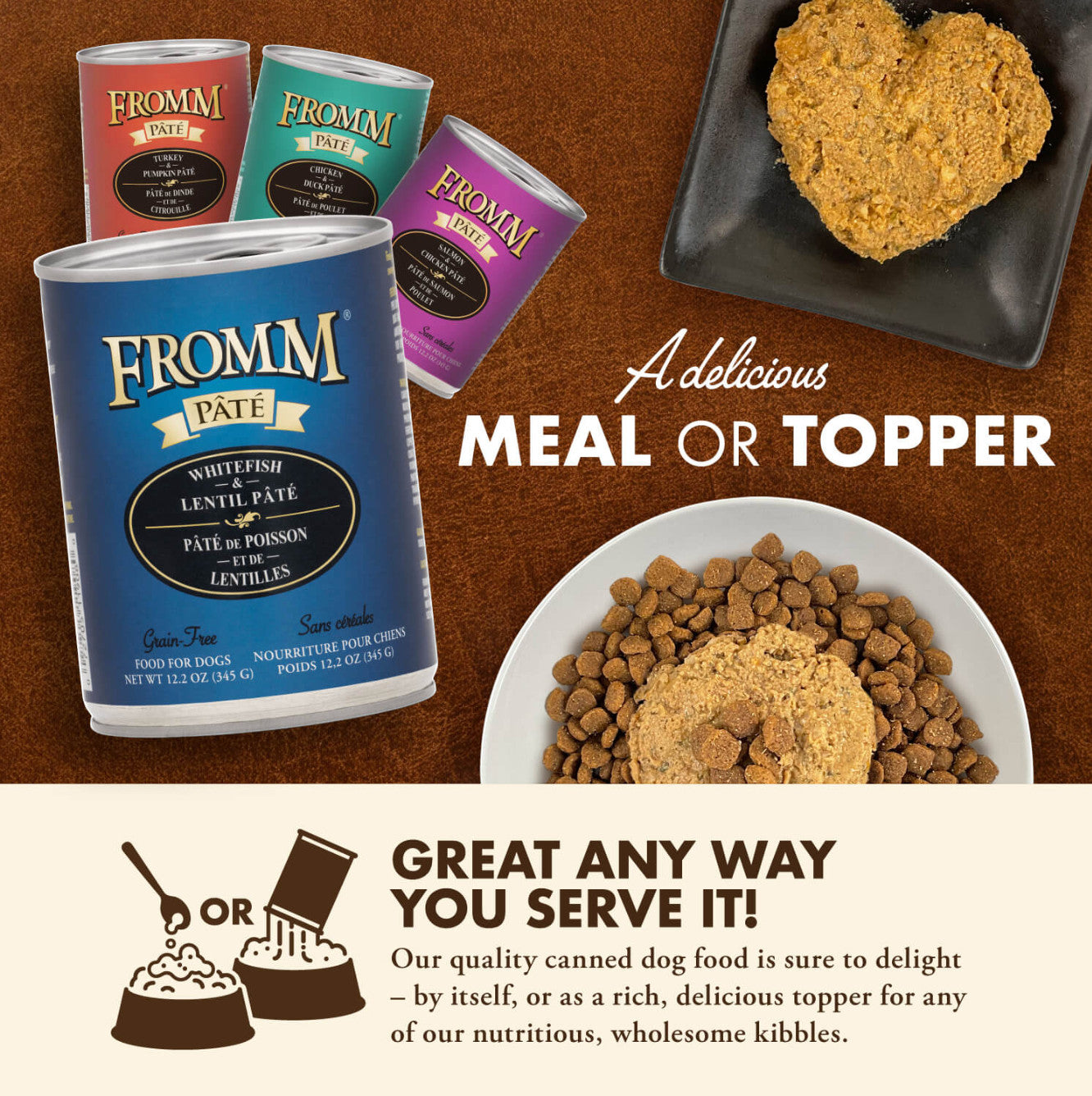 Fromm Whitefish & Lentil Pâté 12oz can displayed on kitchen counter with feeding bowl nearby.