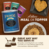 Fromm Whitefish & Lentil Pâté 12oz can displayed on kitchen counter with feeding bowl nearby.