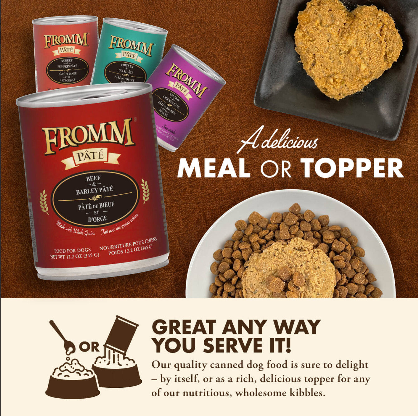 Fromm Beef & Barley Pâté 12oz can showing ingredient list and nutritional information panel.