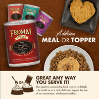 Fromm Beef & Barley Pâté 12oz can showing ingredient list and nutritional information panel.