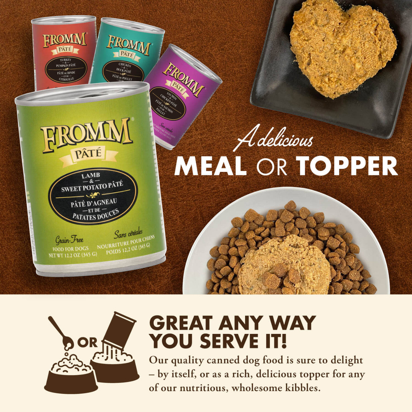 Fromm Lamb & Sweet Potato Pâté 12oz can served in dog bowl showing smooth texture