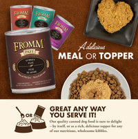 Fromm Turkey Pâté 12oz can showing nutritional information and ingredients panel on back label.