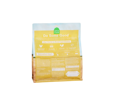 Open Farm Freeze-Dried Chicken 22oz package showing product details and nutritional information on back label.