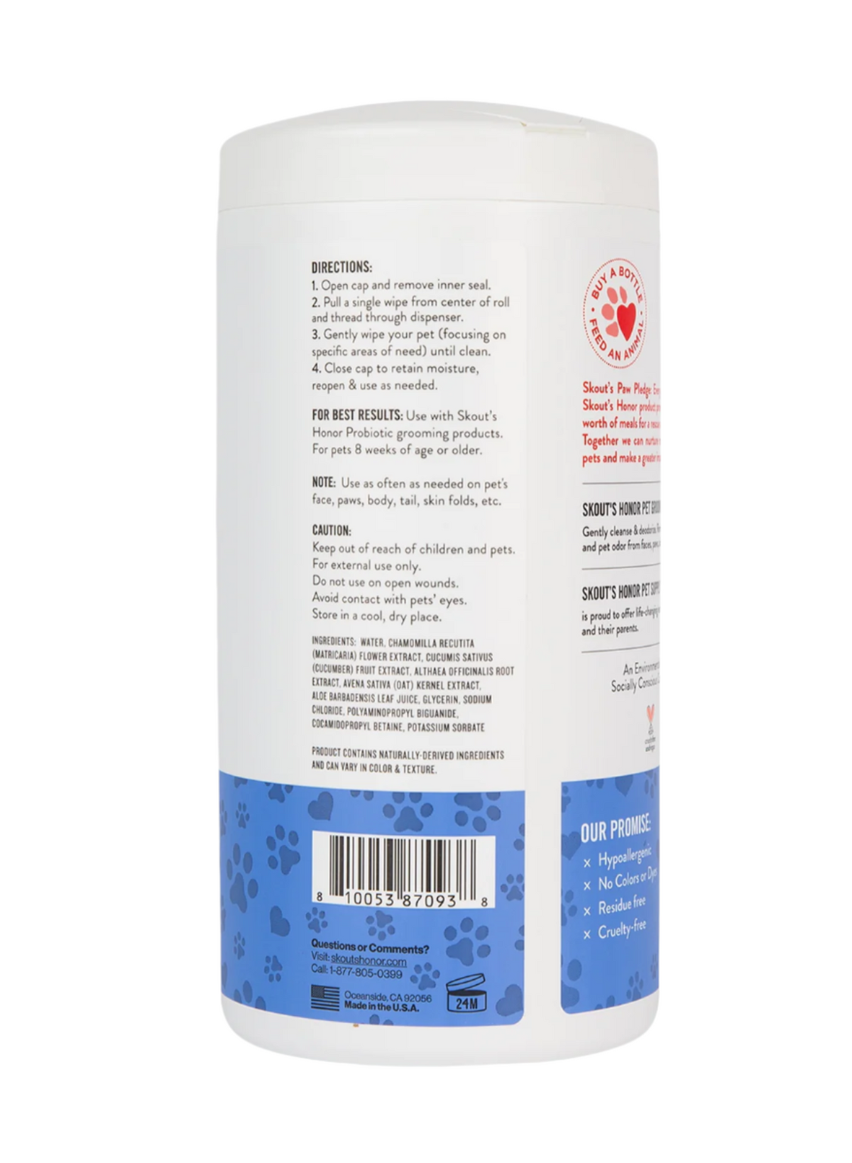 Skout's Honor Grooming Wipes shown in use gently cleaning a dog's paw or coat.
