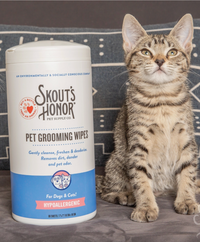 Skout's Honor Grooming Wipes shown from an alternate angle highlighting product texture and packaging details.
