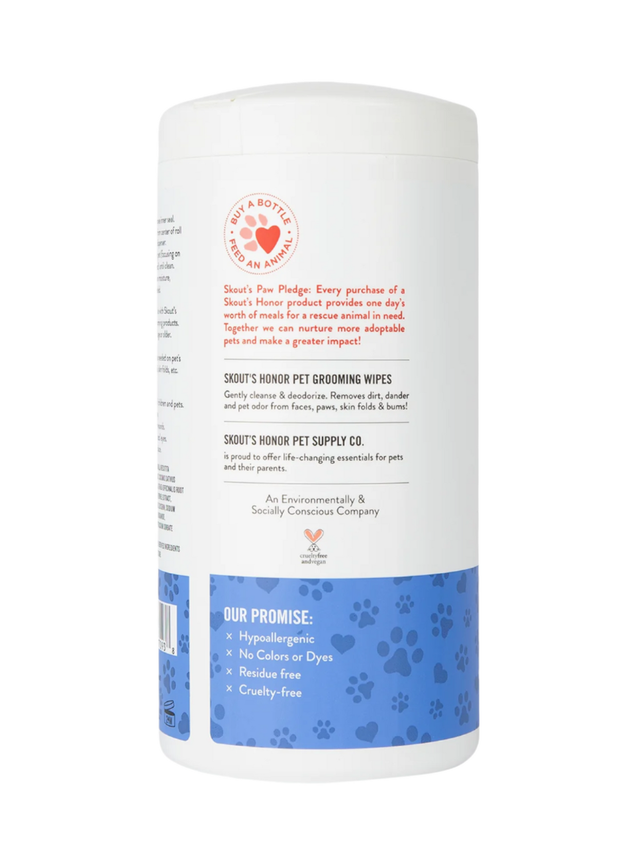 Close-up detail of Skout's Honor Grooming Wipes packaging highlighting product features and ingredients.