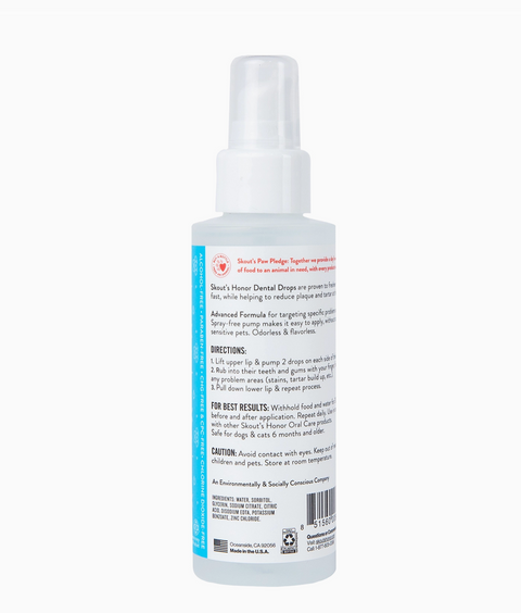 Close-up detail of Skout's Honor Dental Drops bottle highlighting the flavorless formula label.