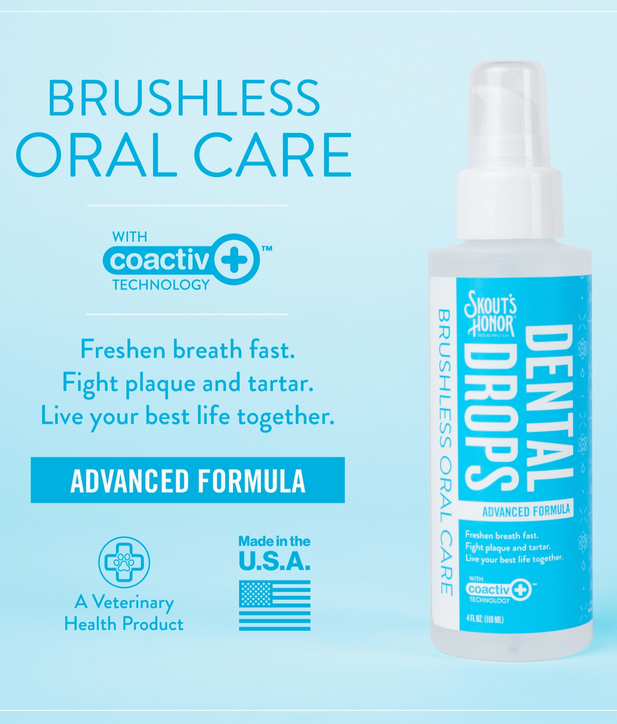 Skout's Honor Dental Drops bottle shown at an angle highlighting packaging details and label information.