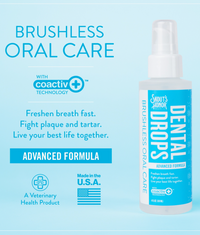 Skout's Honor Dental Drops bottle shown at an angle highlighting packaging details and label information.
