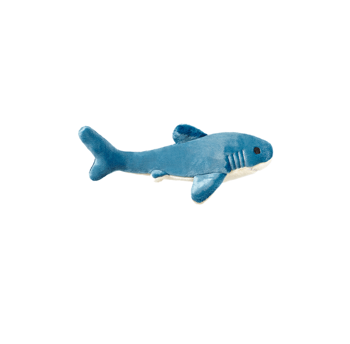 Fluff & Tuff Tank Shark plush dog toy in gray with white teeth and fins against white background.