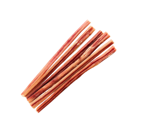 A set of bully sticks, which are long, cylindrical dog treats, displayed on a white background.