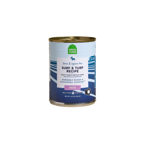 Open Farm Surf & Turf Pâté wet dog food can with colorful label featuring ocean and land protein imagery.