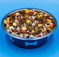 Blue bowl filled with colorful dog food on a blue background