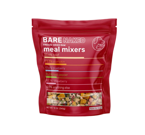 Red package of Bare Naked meal mixers on a beige background