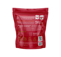 Red pet food package with text and a QR code on a beige background
