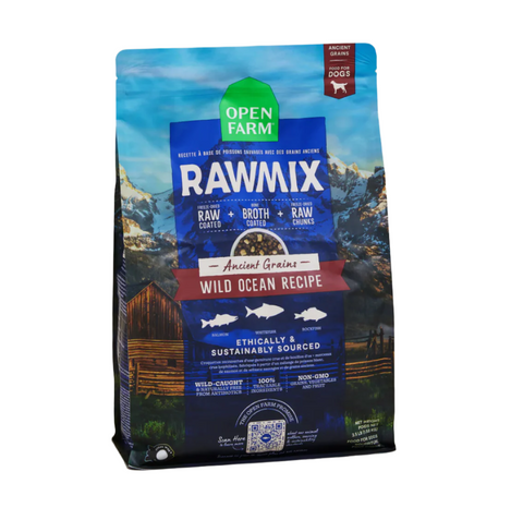 Rawmix Wild Ocean Recipe dog food package with scenic design