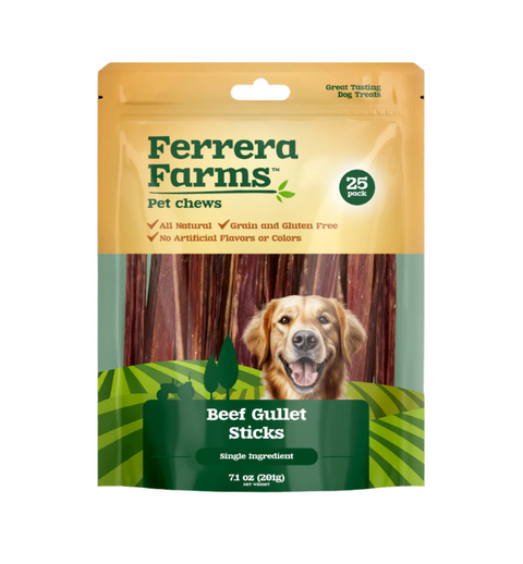 Package of Ferrera Farms Pet Chews Beef Gullet Sticks with a dog on the label.