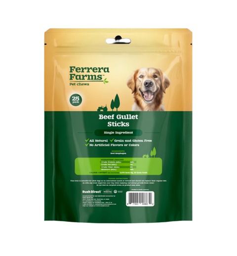 Ferrera Farms Beef Gullet Sticks packaging for dogs with a dog on the label.