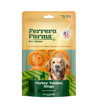 Ferrera Farms Pet Chews packaging for Turkey Tendon Rings with a dog on the label.