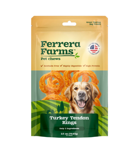 Ferrera Farms Pet Chews packaging for Turkey Tendon Rings with a dog on the label.