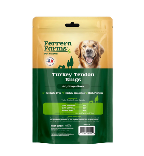 Ferrera Farms Pet Chews packaging for Turkey Tendon Rings with a dog on the label. 