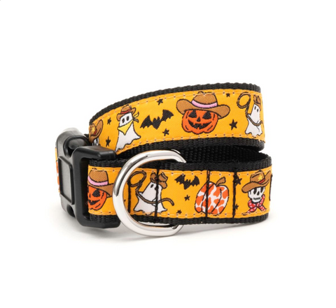 Halloween-themed dog collar with pumpkins, ghosts, and bats on a yellow background.