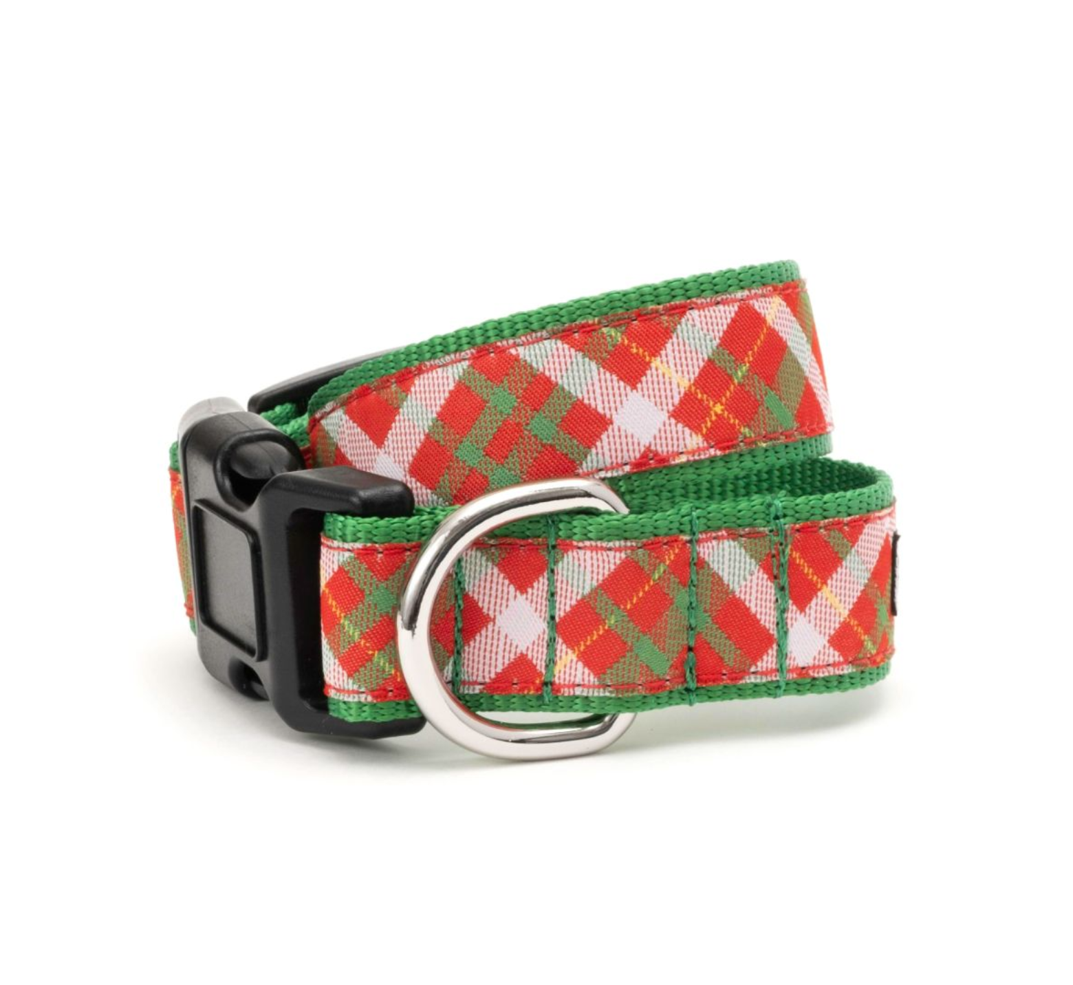 Red and green plaid dog collar with a black buckle on a white background