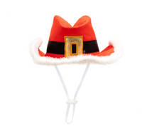 Red Santa hat with white trim on a white background